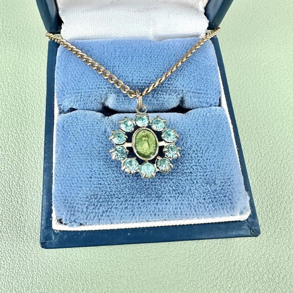 Vintage Blue Enamel Madonna Rhinestone Medal Necklace Mary Gold Tone Chain 18”